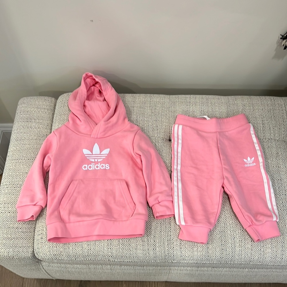 Baby Girl. Adidas hooded sweat outfit. Pink & White. 6-9 months